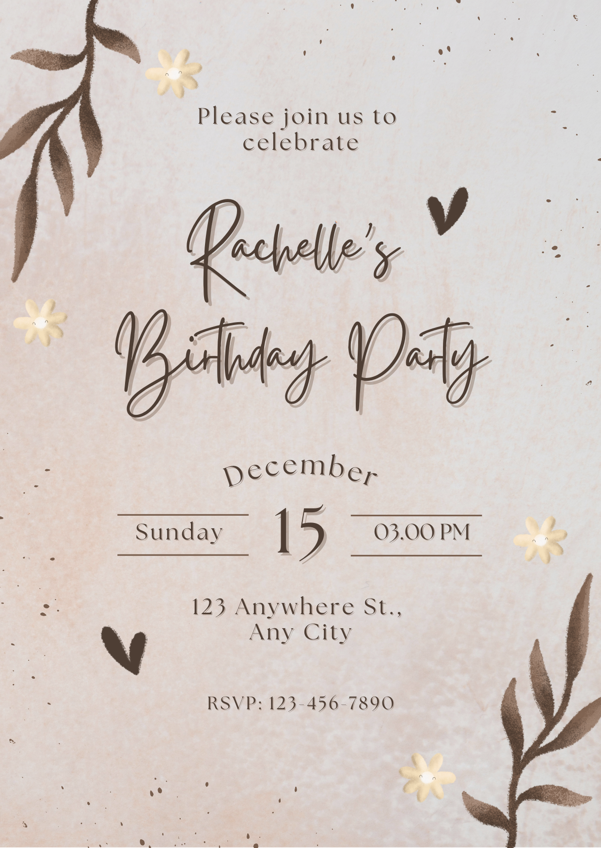 Brown Floral Watercolor Leaves Birthday Invitation - Editable Digital Template