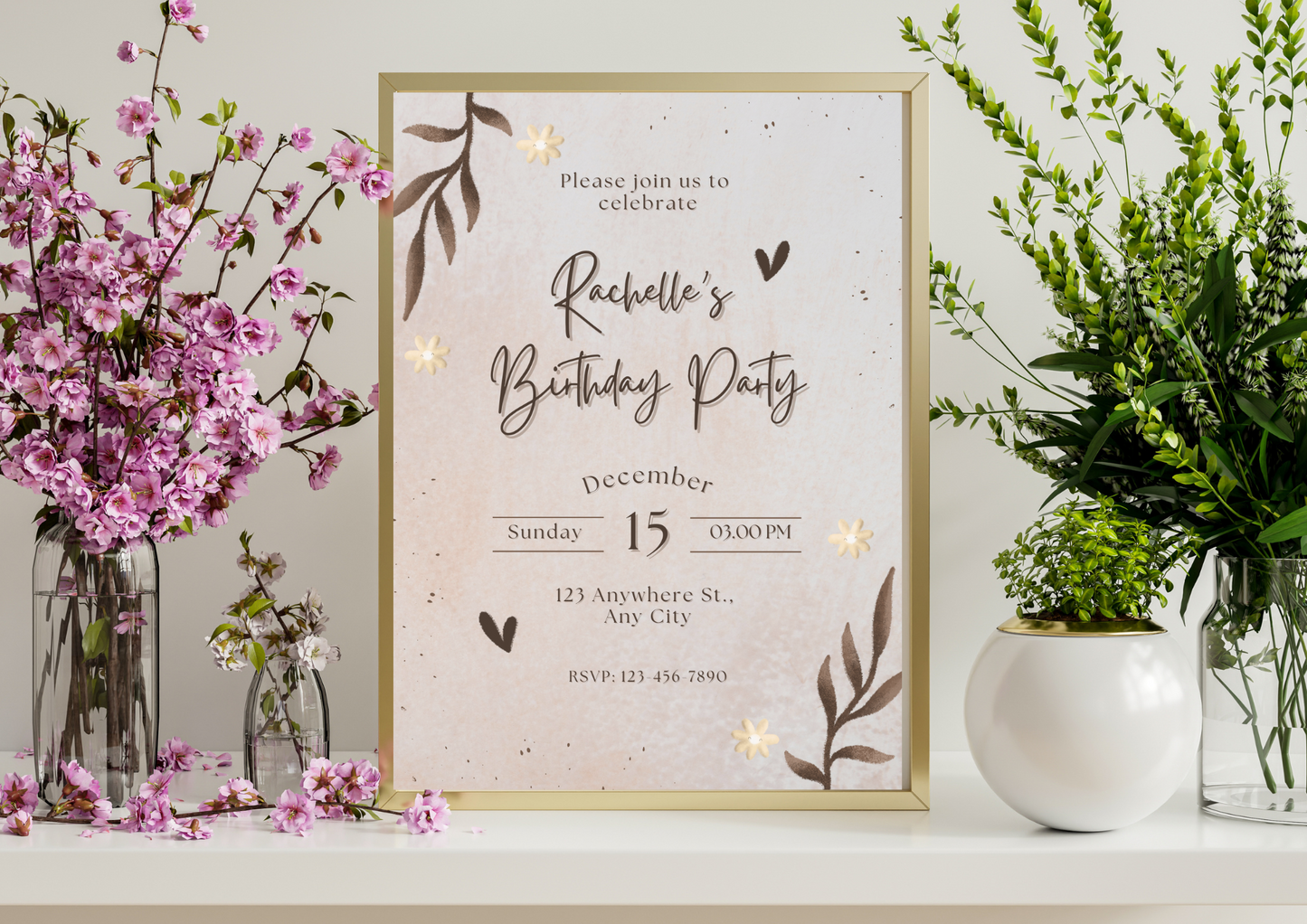 Brown Floral Watercolor Leaves Birthday Invitation - Editable Digital Template