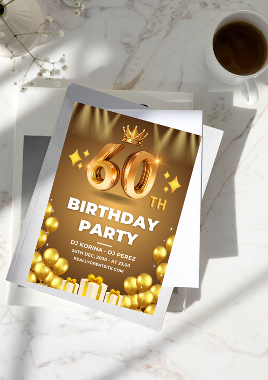 Brown and Gold 60th Birthday Invitation | Elegant Birthday Party Invite | Editable Canva Template | Digital Download